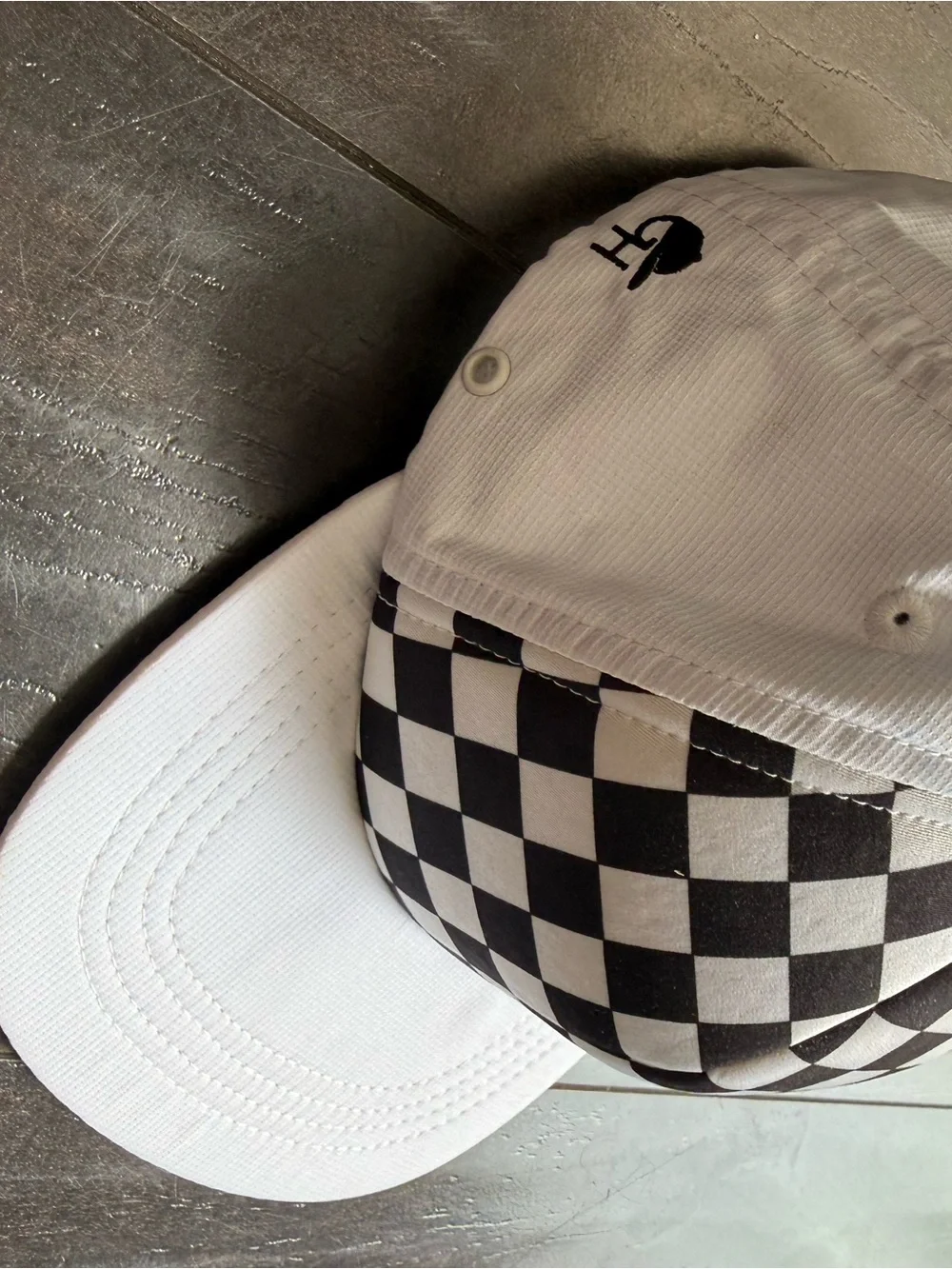 George Hats Kids black and white checkered Swim Shorts and trucker hat